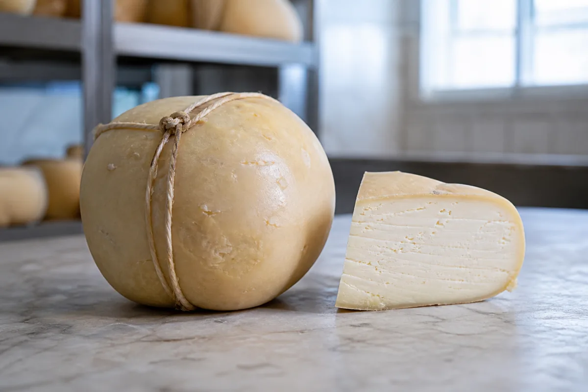 Cord-tied Caciocavallo di Bufala with a cut wedge showing pale stretched curd