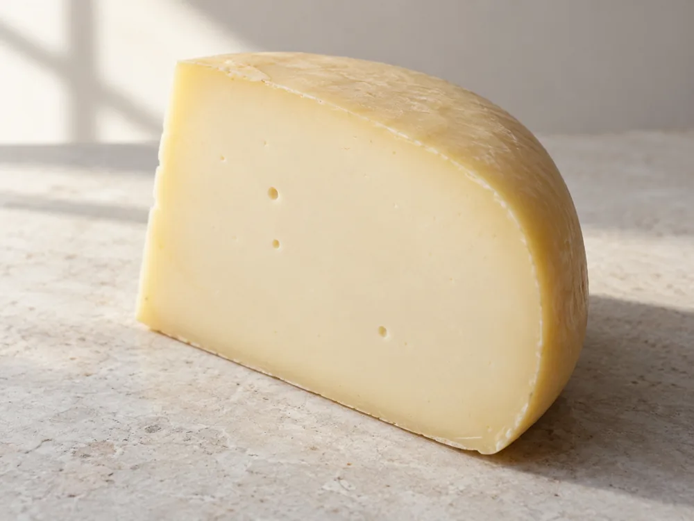 Cut wedge with a thin smooth pale yellow rind and a smooth even paste with a few tiny holes - Caciocavallo di Bufala | KnowTheCheese