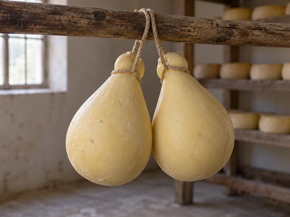 Two teardrop-shaped pale yellow cheeses tied with rope and hung astride a wooden pole - Caciocavallo di Bufala | KnowTheCheese