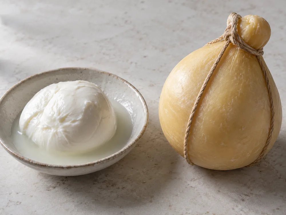 Soft white cheese ball in a bowl of whey beside a cord-tied pale yellow aged cheese - Caciocavallo di Bufala | KnowTheCheese