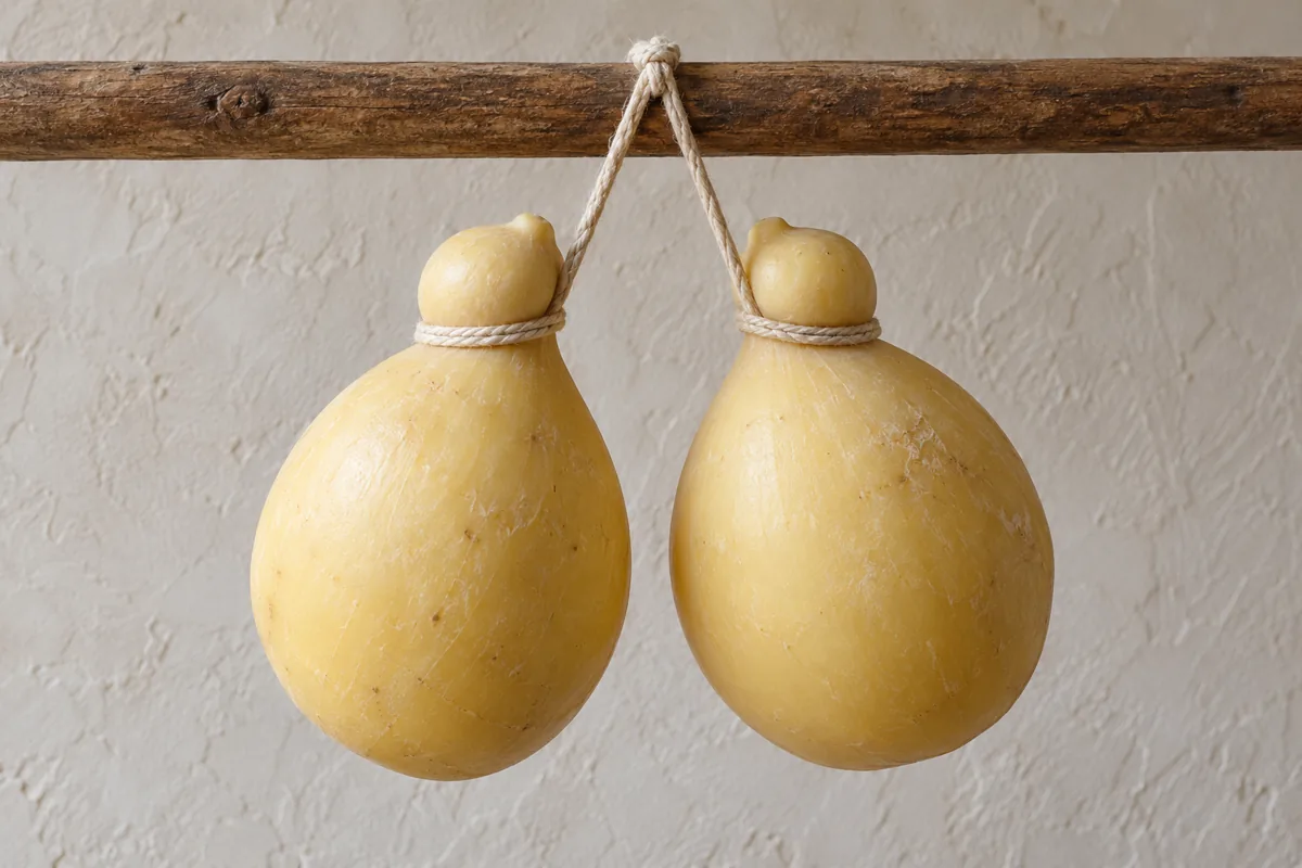 Two Caciocavallo cheeses tied as a pair and hung astride a wooden pole - Caciocavallo Cheese | KnowTheCheese