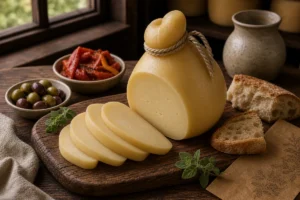 Pear-shaped Caciocavallo-style cheese with tied neck, slices, olives, and bread - Caciocavallo cheese | KnowTheCheese