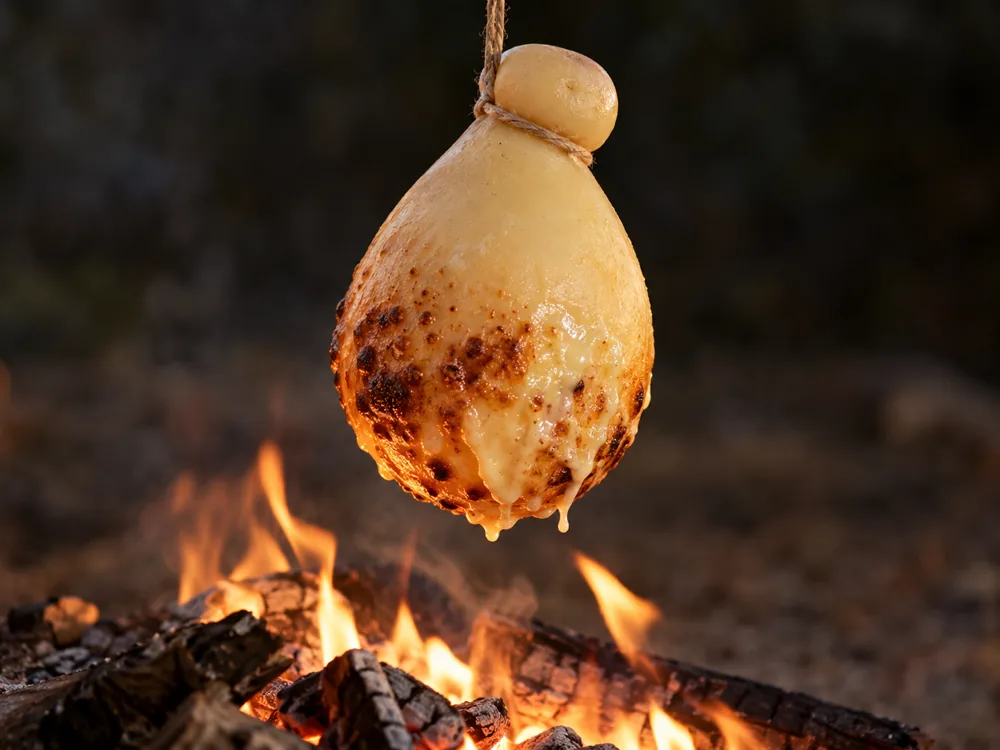 Whole Caciocavallo hung by its twine over a wood fire, its lower half blistered and melting - Caciocavallo Cheese | KnowTheCheese