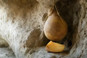Mature Caciocavallo Podolico Vetus hanging in a limestone cave with its layered paste visible