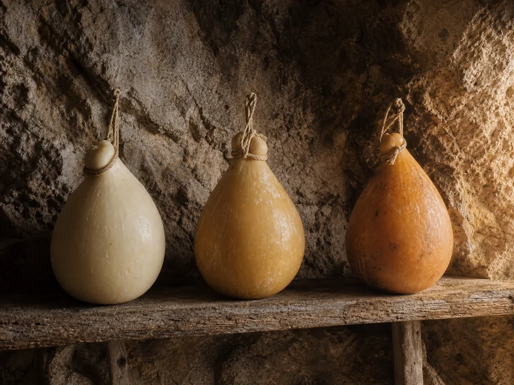 Different ages of caciocavallo maturing on a wooden rack in a natural cave | KnowTheCheese
