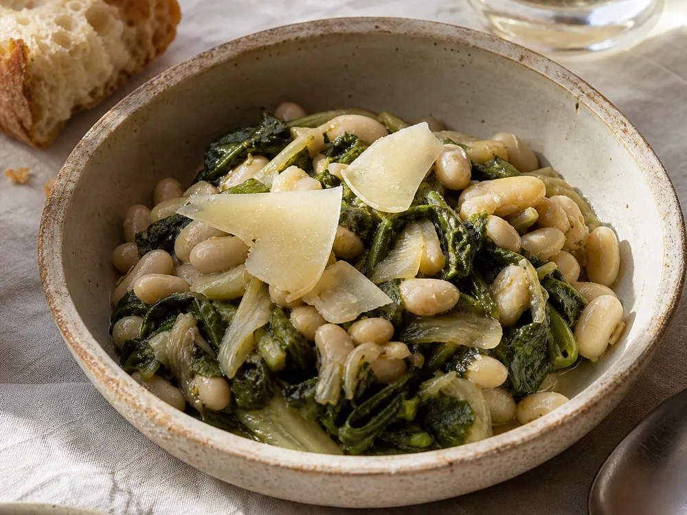 Thin Caciocavallo Podolico Vetus shavings over white beans and chicory | KnowTheCheese