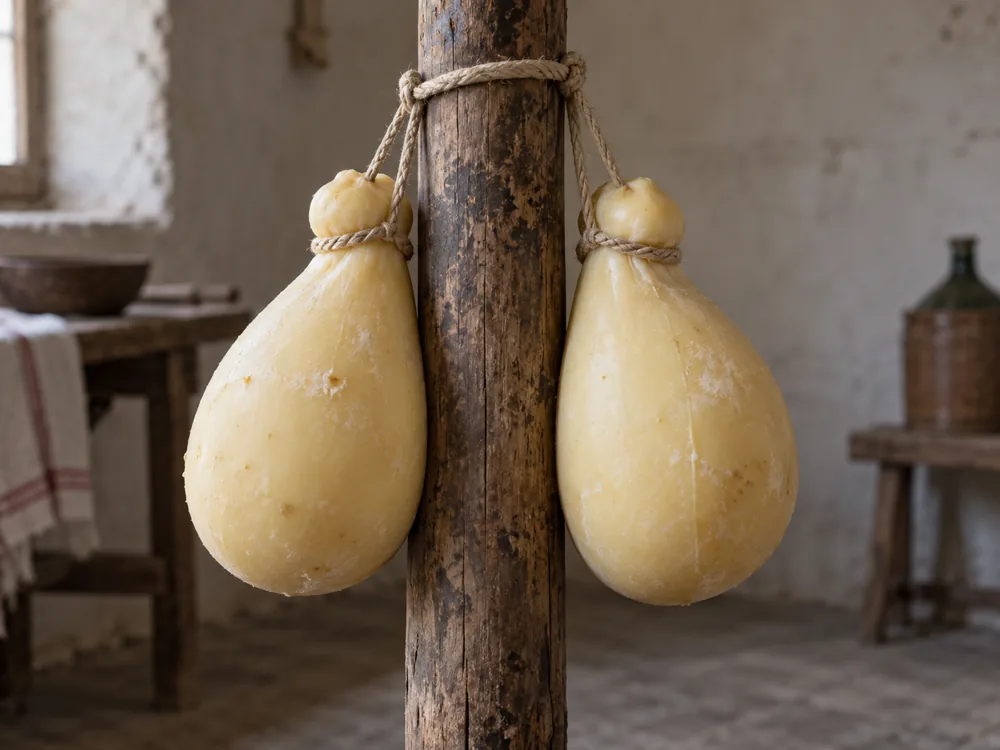 Two pear-shaped cheeses tied with rope on either side of a wooden post - Caciocavallo Podolico Vetus | KnowTheCheese