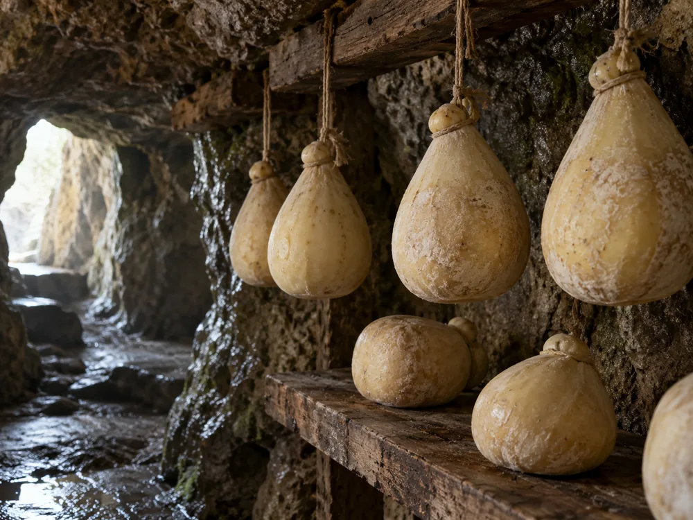 Pear-shaped cheeses hanging and resting on a shelf inside a stone cave - Caciocavallo Podolico Vetus | KnowTheCheese