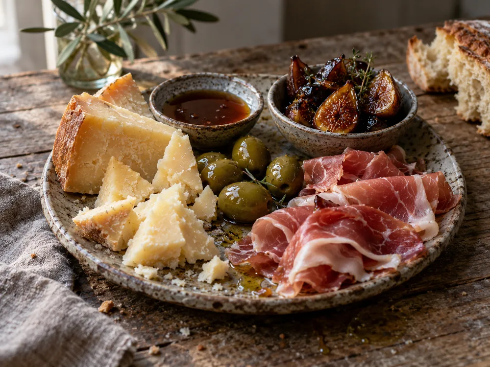 Pieces of firm aged cheese with olives, cured ham, a dish of honey and a dish of figs - Caciocavallo Podolico Vetus | KnowTheCheese