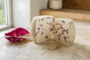 Cut Cacioradicchio showing dried red radicchio through its ivory paste