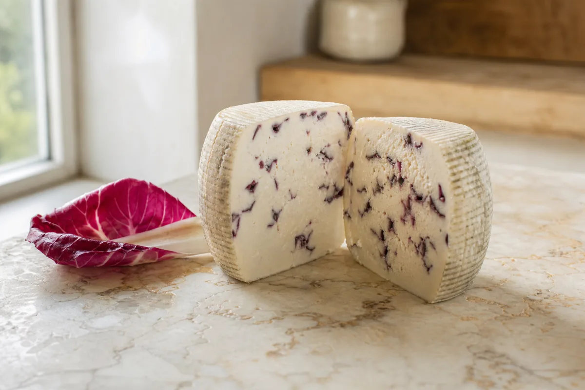 Cut Cacioradicchio showing dried red radicchio through its ivory paste