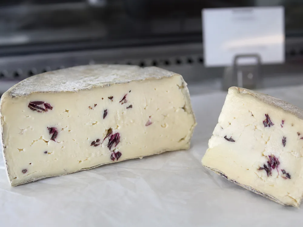 Retail cut of Cacioradicchio showing a moist compact paste and scattered radicchio | KnowTheCheese