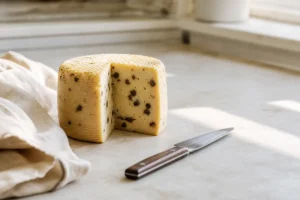 Cut Caciotta al Tartufo showing black truffle pieces in ivory mixed-milk paste