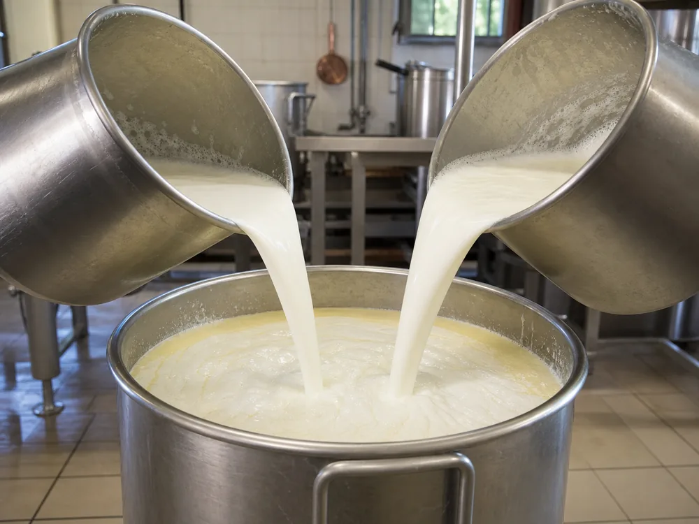 Cow and sheep milk being combined in a small dairy vat | KnowTheCheese