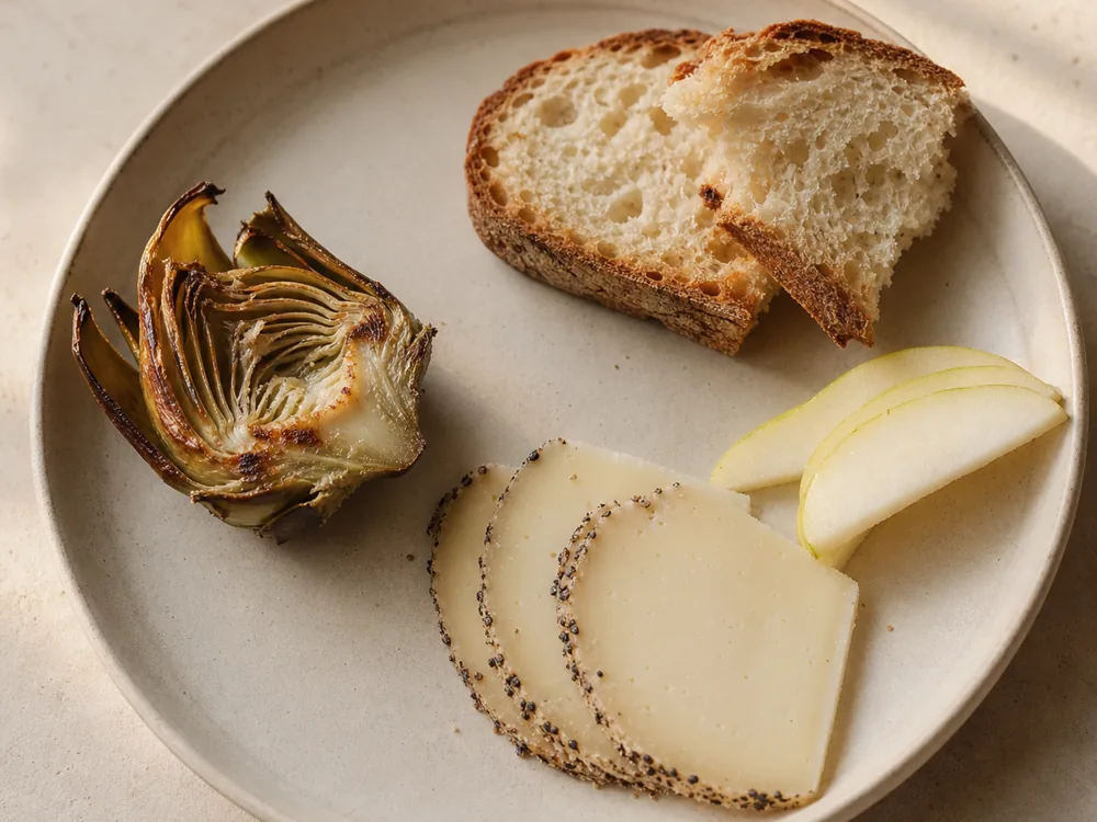 Thin Caciotta al Tartufo slices with bread, artichoke, and pear | KnowTheCheese