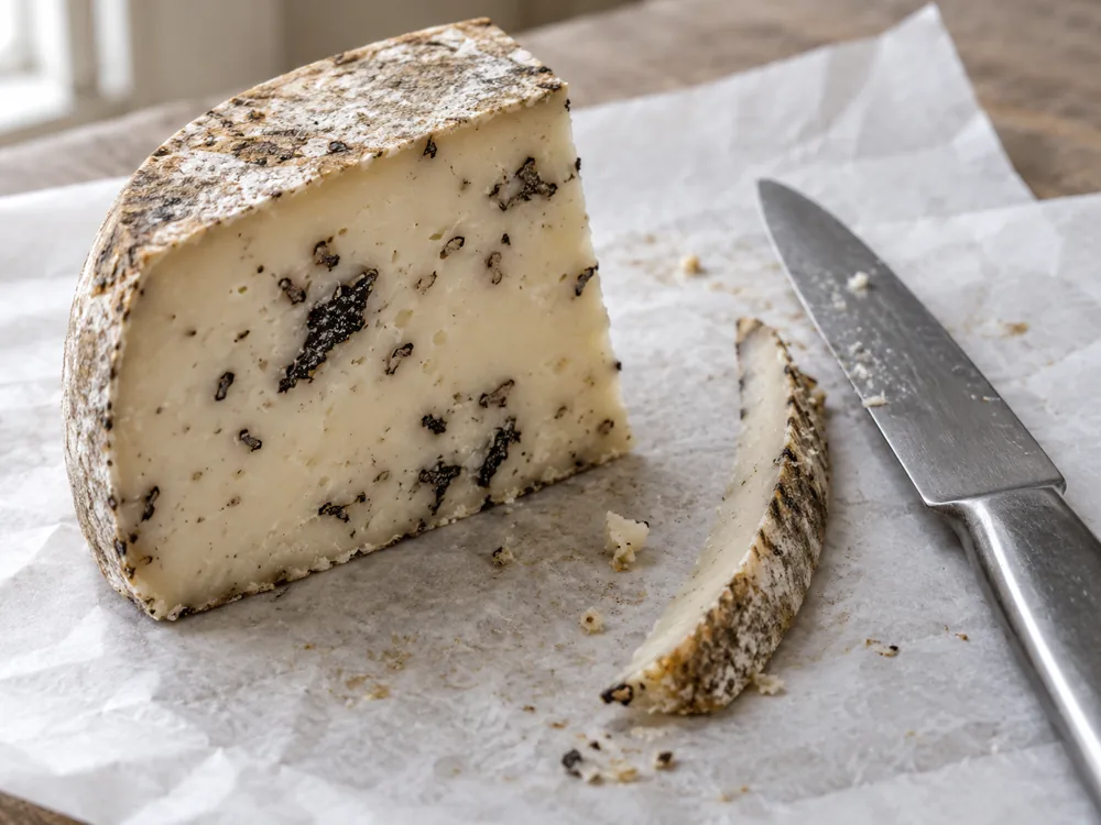 Wedge of Caciotta al Tartufo with a strip of rind cut away - Caciotta al Tartufo | KnowTheCheese