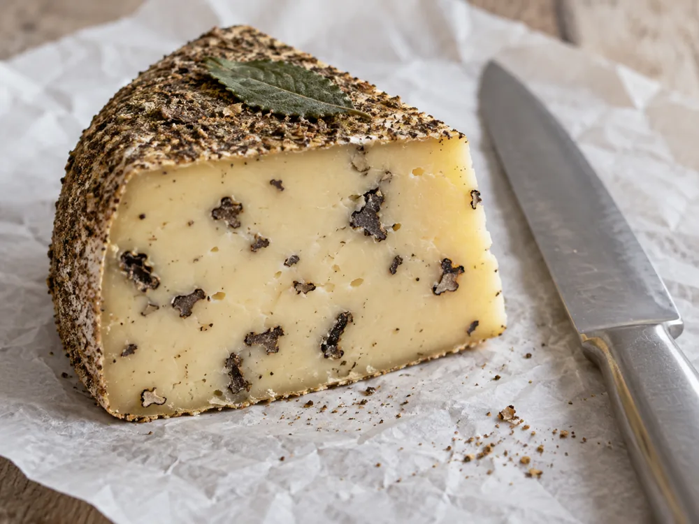 Wedge of pale yellow truffle cheese with a spice-dusted rind and a green leaf - Caciotta al Tartufo | KnowTheCheese