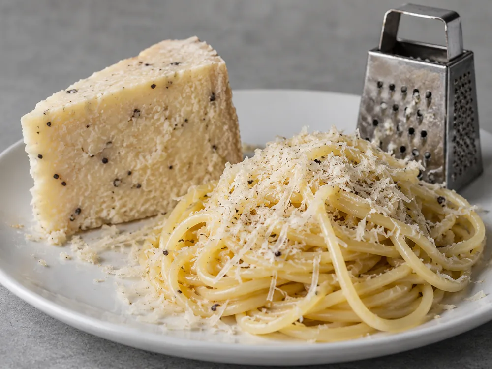 Crumbly ivory wedge with dark specks beside grated shavings over plain pasta - Caciotta al Tartufo | KnowTheCheese