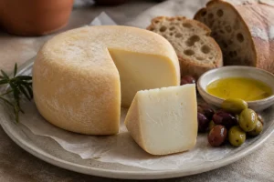 Caciotta-style small cheese wheel with olives, bread, and olive oil - Caciotta cheese | KnowTheCheese