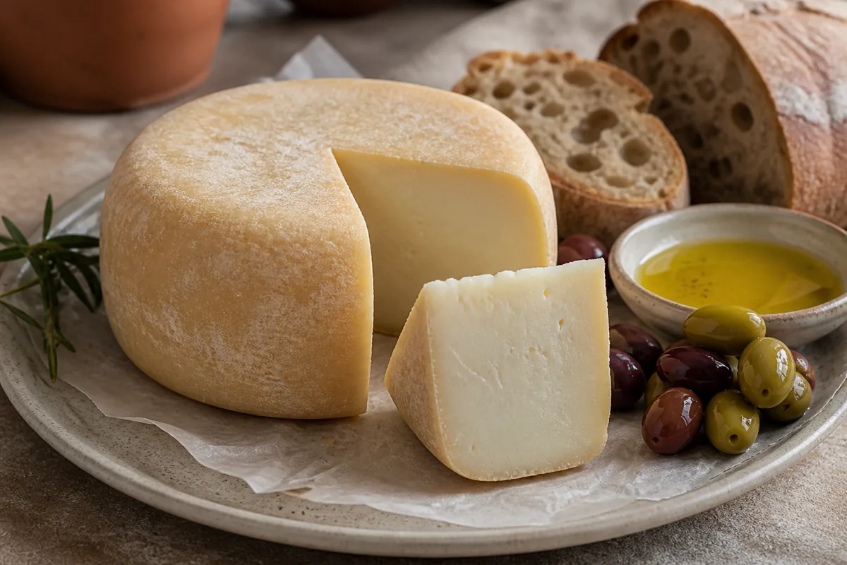 Caciotta-style small cheese wheel with olives, bread, and olive oil - Caciotta cheese | KnowTheCheese