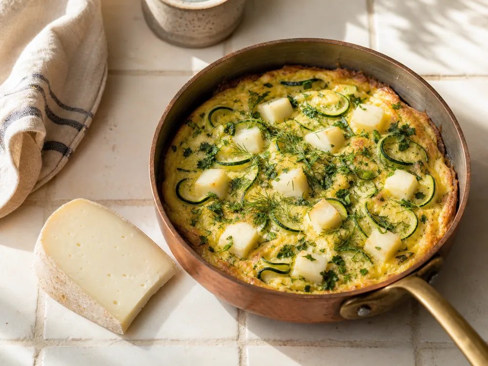 Young Caciotta cubes softening in a zucchini and herb frittata - Caciotta | KnowTheCheese