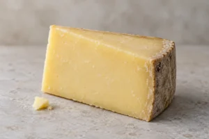 Illustration of a cut wedge of pale yellow cheddar with a natural rind, for Cacow Belle | KnowTheCheese