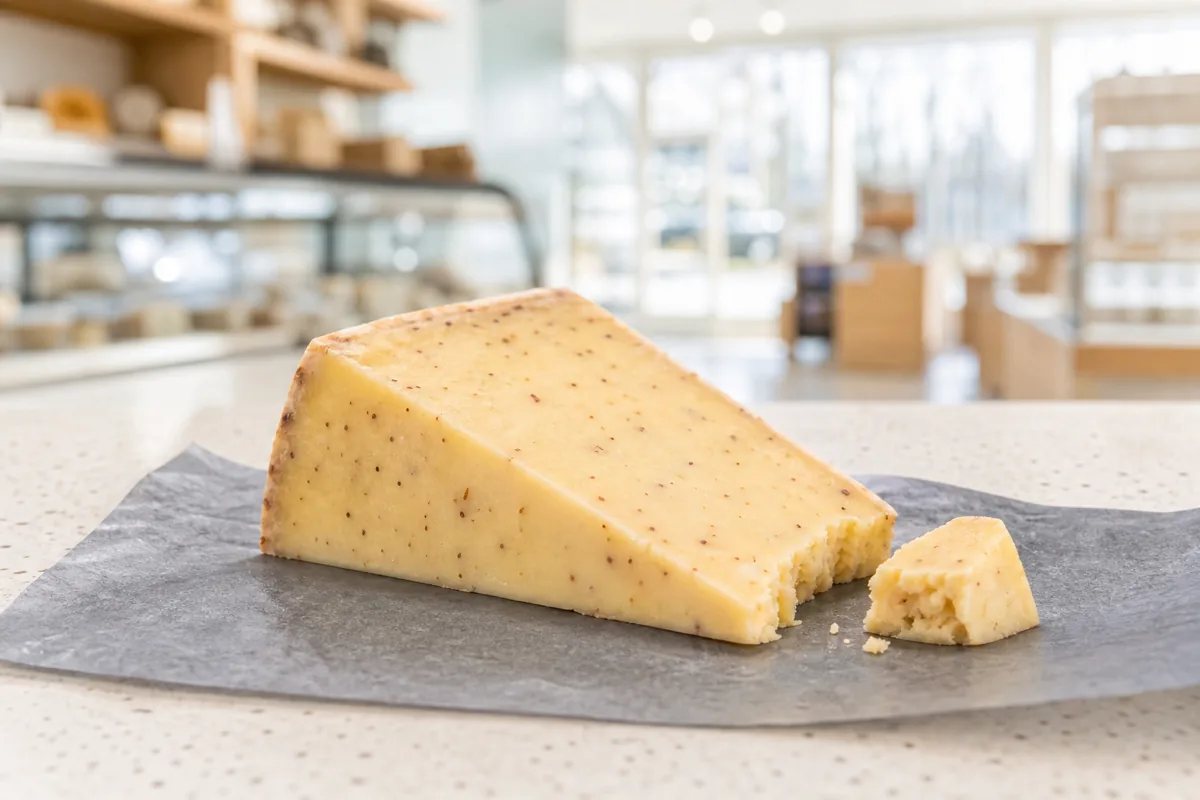 Cut wedge of pale Cacow Belle cheddar showing cocoa and spice through the paste