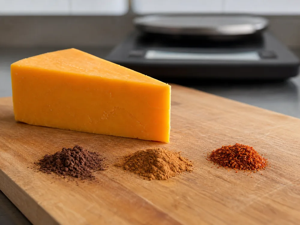 Cheddar with separate cocoa, cinnamon, and chile prepared for a Cacow Belle flavor test | KnowTheCheese