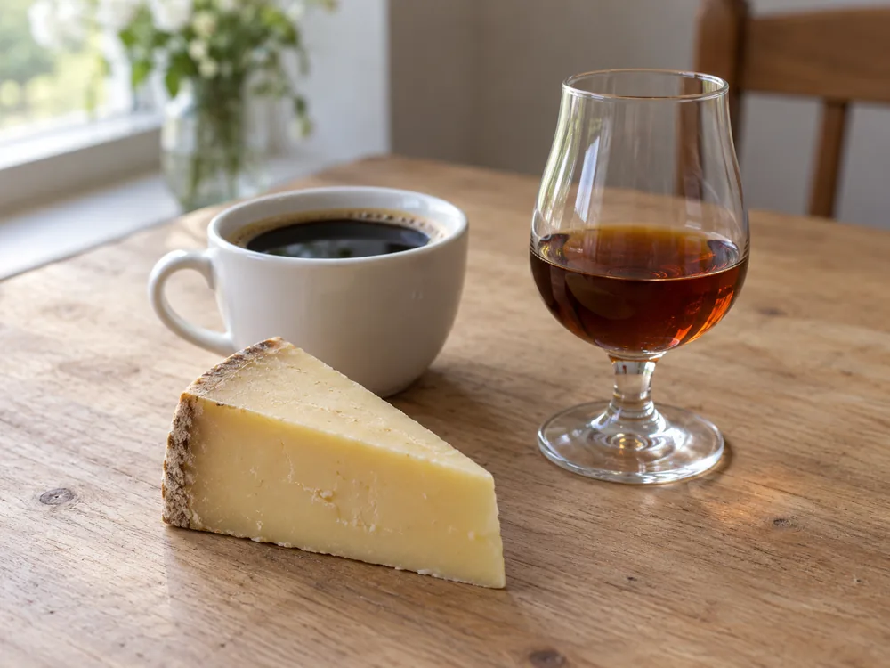 Illustration of a pale yellow cheddar wedge beside a cup of coffee and a glass of tawny port | KnowTheCheese