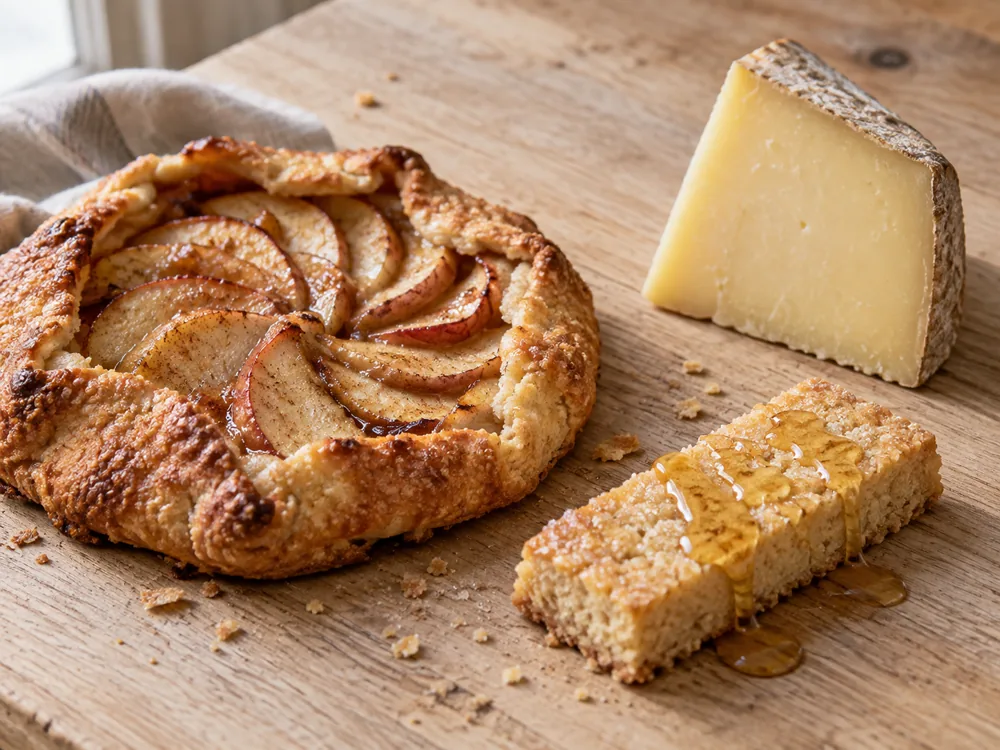 Illustration of an apple mini galette, honeyed shortbread and a pale yellow cheddar wedge | KnowTheCheese