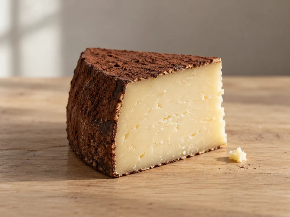 Illustration of a cut wedge of cheese with a brown cocoa-rubbed rind | KnowTheCheese