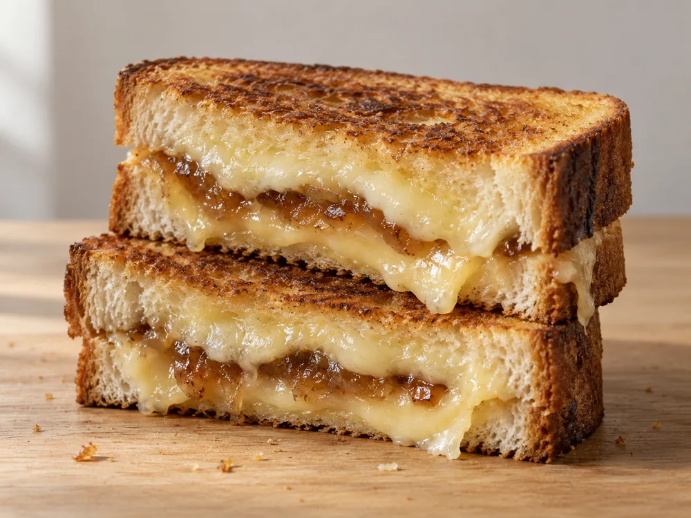 Illustration of a grilled cheese sandwich on thick cut bread with sweet onion jam | KnowTheCheese