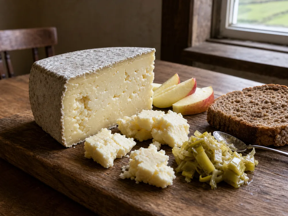 Crumbly Caerphilly served with brown bread, apple, and pickled leeks - Caerphilly | KnowTheCheese