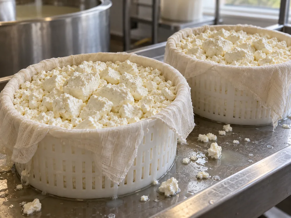 Walnut-sized white curd pieces packed into cloth-lined round moulds - Caerphilly | KnowTheCheese