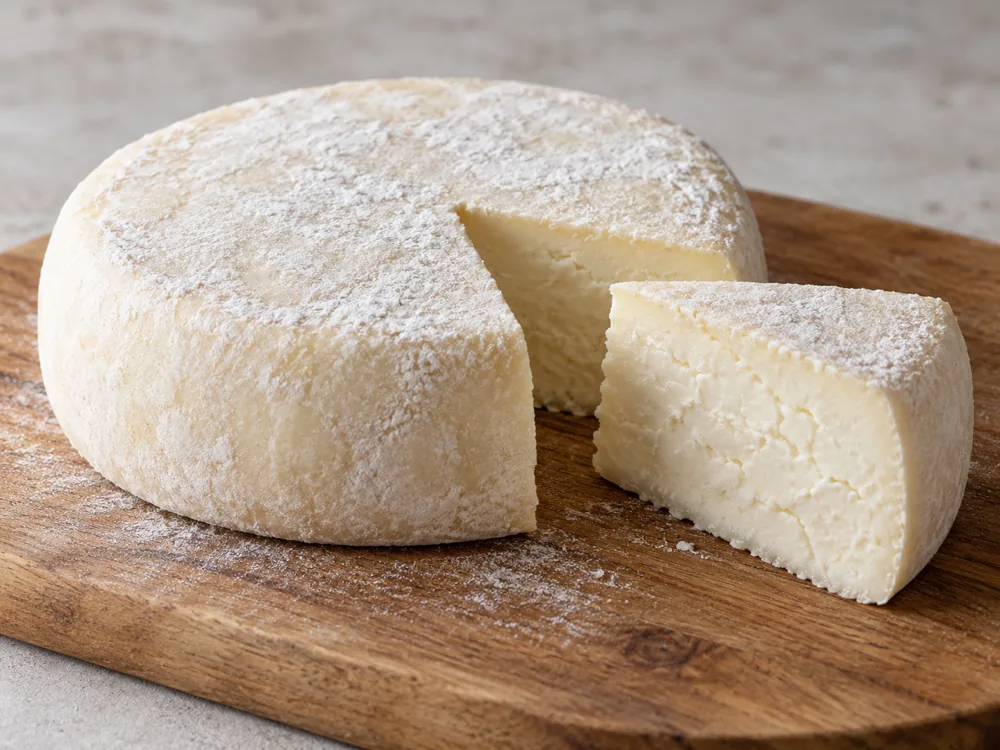 Flat round pale cheese dusted with flour beside a cut wedge with a creamy white flaky interior - Caerphilly | KnowTheCheese