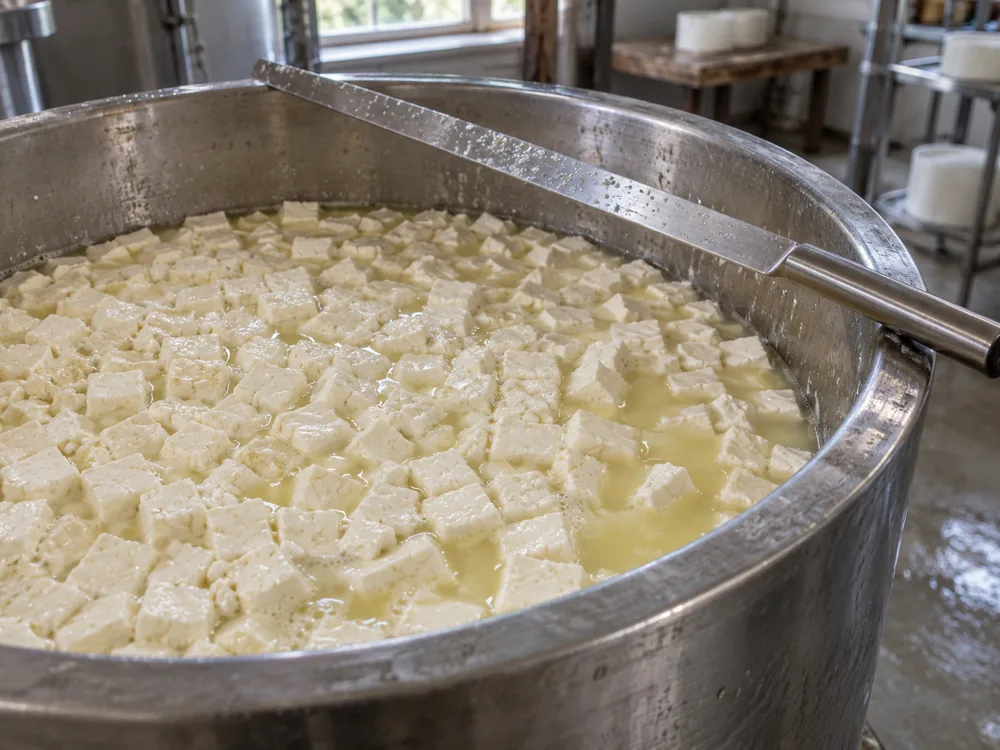 White curd cut into cubes in pale whey in a stainless steel vat with a long knife across the rim - Caerphilly | KnowTheCheese
