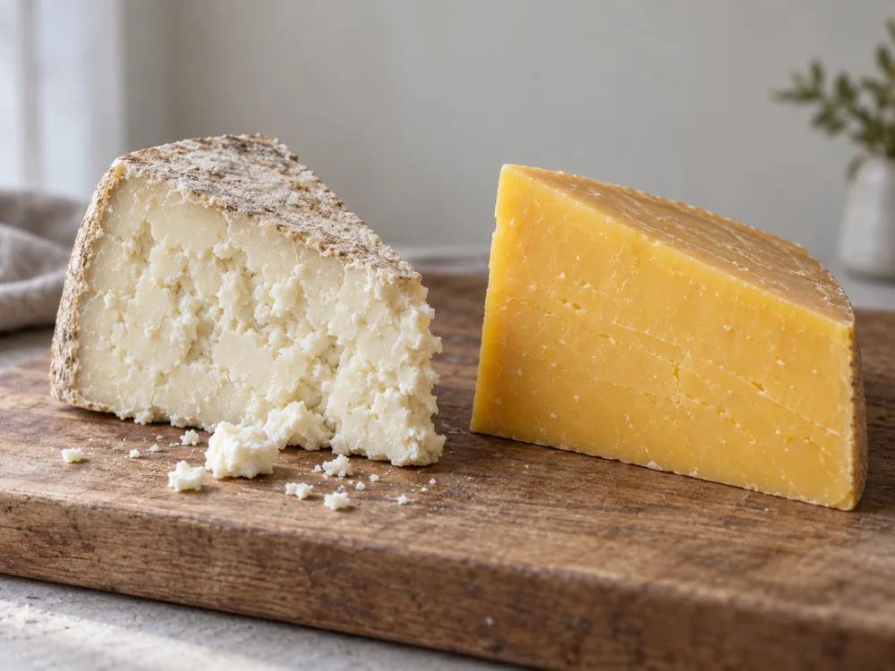 Crumbly almost white wedge beside a smooth golden yellow cheddar wedge on a wooden board - Caerphilly | KnowTheCheese
