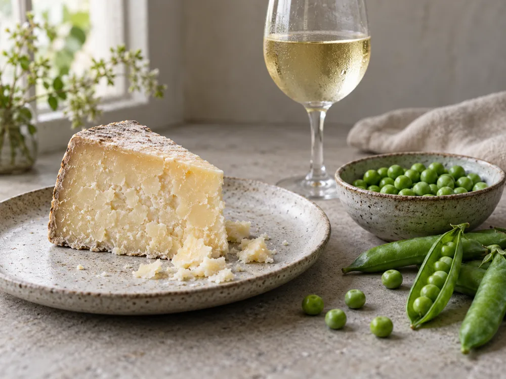 Crumbly pale wedge on a stoneware plate beside fresh peas and a glass of white wine - Caerphilly | KnowTheCheese
