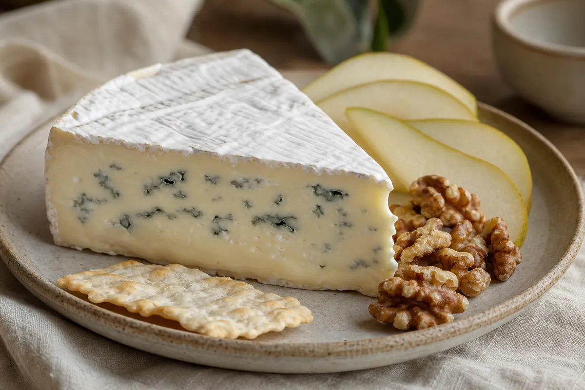 Cambozola-style bloomy blue cheese wedge with pear and walnuts - Cambozola cheese | KnowTheCheese