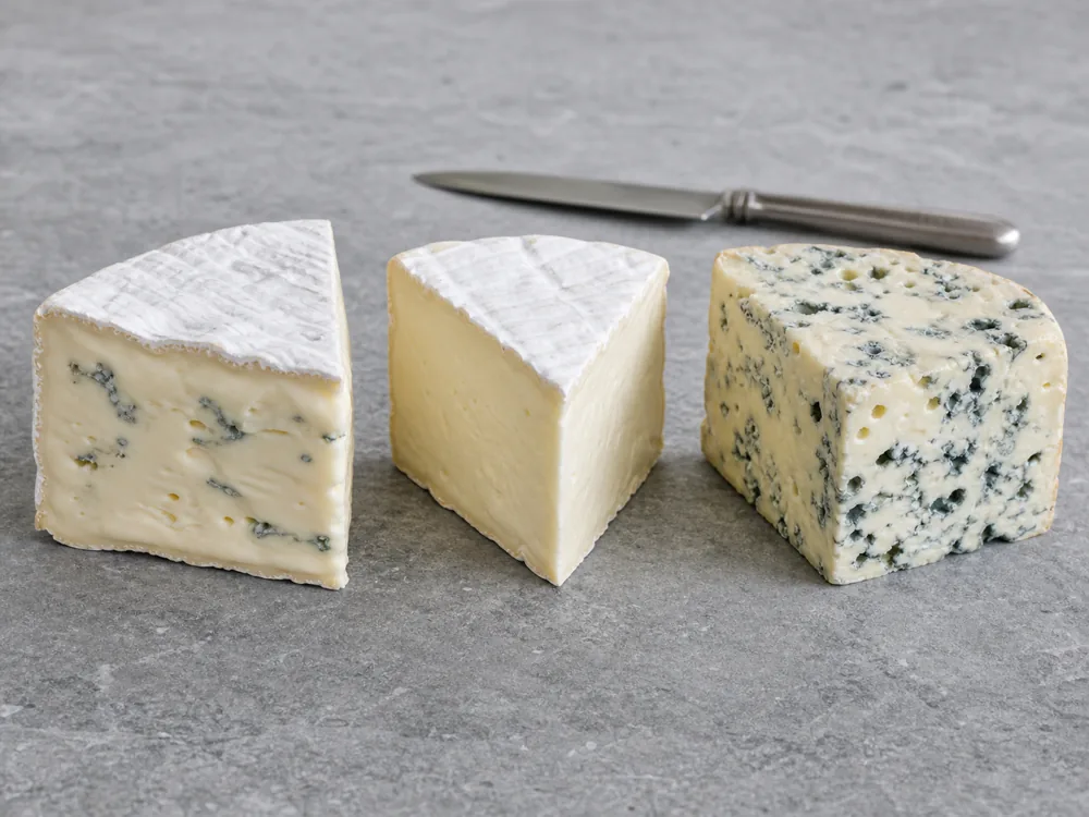 Cambozola, Brie, and Gorgonzola cut faces compared side by side - Cambozola | KnowTheCheese
