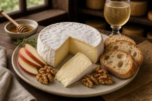Camembert-style bloomy rind round with creamy cut wedge, bread, and apple - Camembert cheese | KnowTheCheese