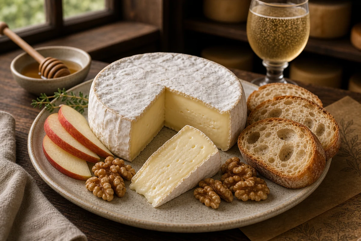 Camembert-style bloomy rind round with creamy cut wedge, bread, and apple - Camembert cheese | KnowTheCheese