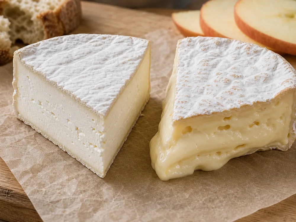 Underripe and ripe Camembert wedges showing a chalky core beside a soft oozing center - Camembert cheese | KnowTheCheese