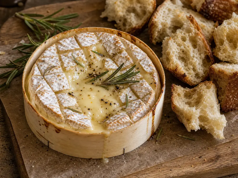 Baked Camembert in its wooden box with rosemary and torn bread - Camembert cheese | KnowTheCheese