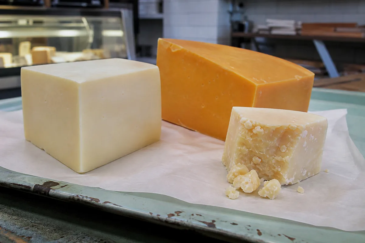 Young and aged Canadian Cheddar wedges showing smooth and crumbly textures | KnowTheCheese