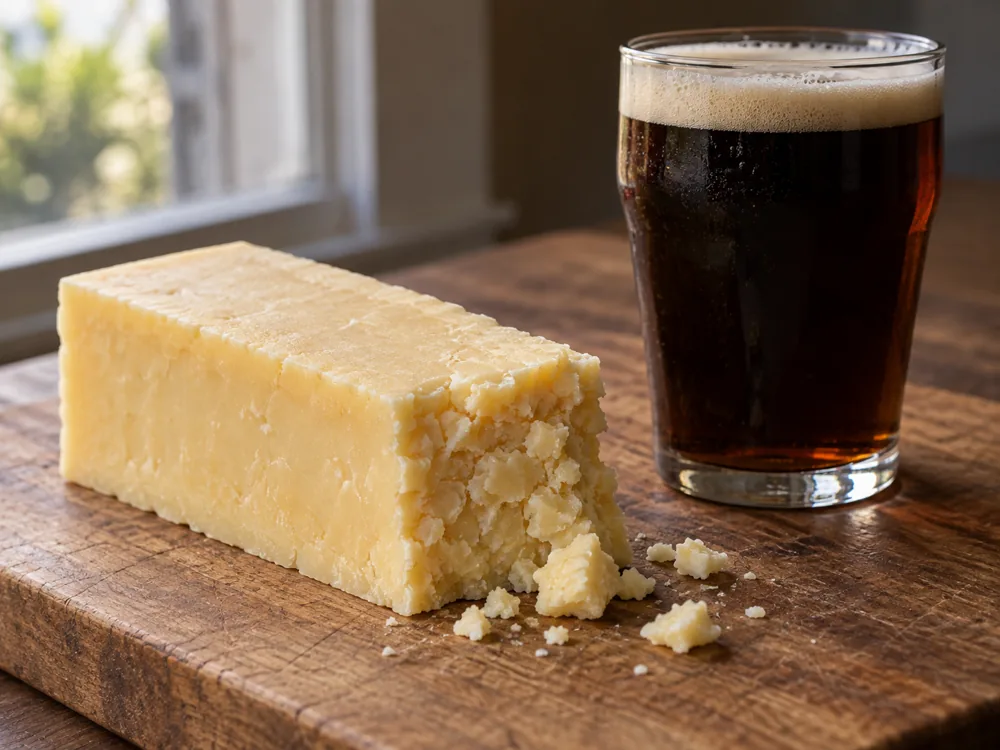 Crumbly aged Cheddar chunk beside a glass of dark beer - Canadian Cheddar cheese | KnowTheCheese