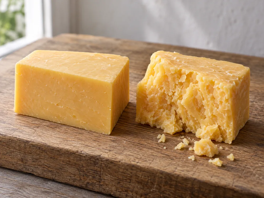 Smooth young Cheddar block beside a broken, crumbly aged Cheddar piece on a wooden board - Canadian Cheddar cheese | KnowTheCheese