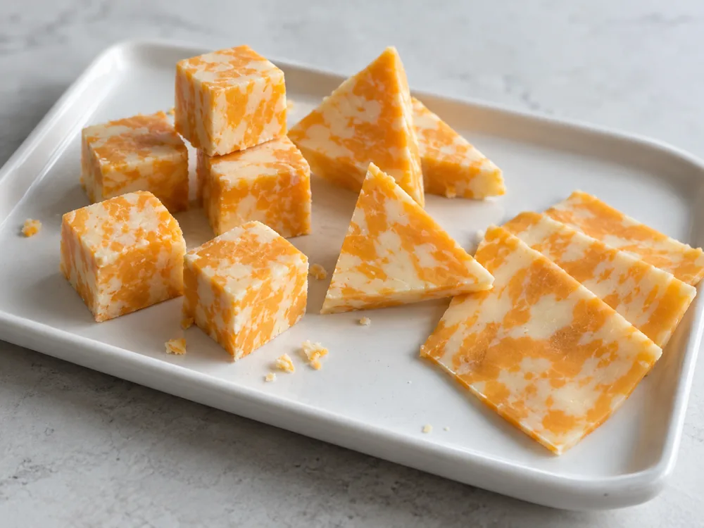 Marbled Cheddar cubes, triangles, and thin slices on a white tray - Canadian Cheddar cheese | KnowTheCheese