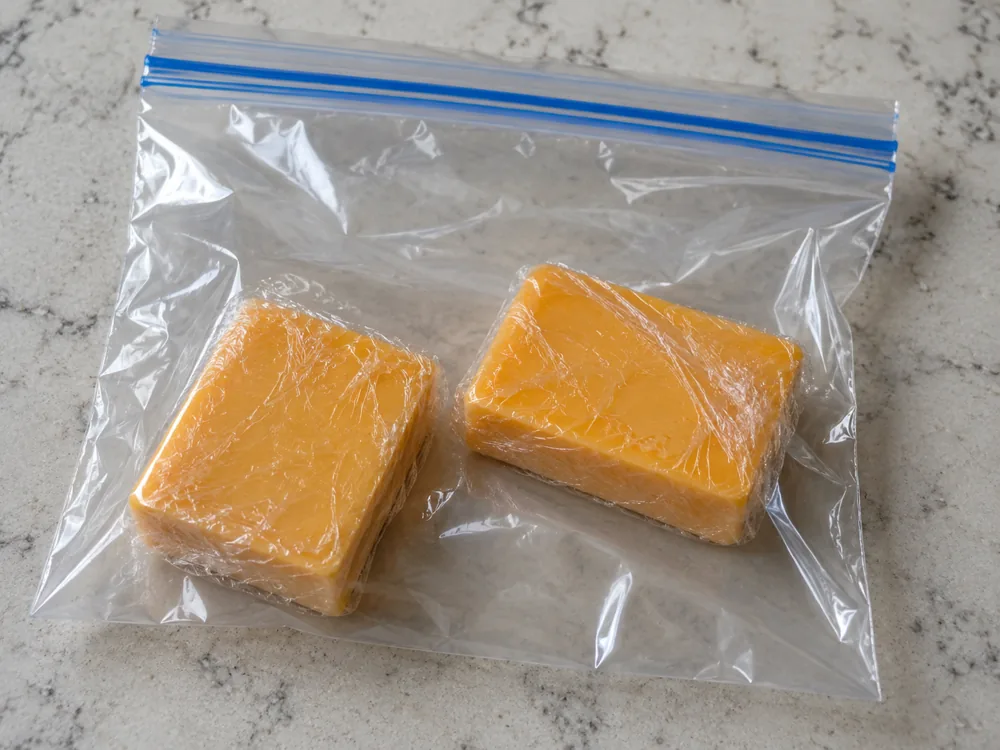 Two Cheddar pieces wrapped in plastic wrap inside a clear zip-top freezer bag - Canadian Cheddar cheese | KnowTheCheese
