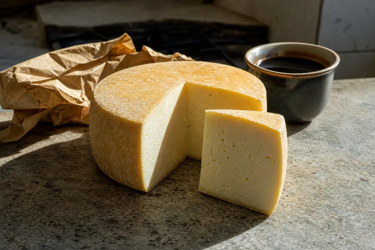 Cut Canastra-style wheel with a thin golden rind and pale compact paste - Canastra cheese | KnowTheCheese
